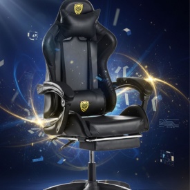 Черен геймърски стол с прибираща се поставка за крака 