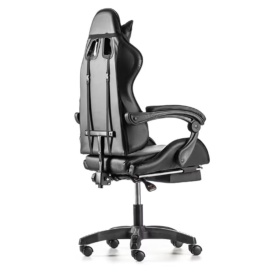 Черен геймърски стол с прибираща се поставка за крака 