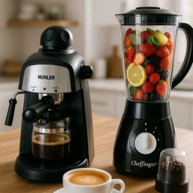 Комплект MUHLER MCM-33 Еспресо машина + 2 стъклени чаши и блендер с мелничка Cheffinger Home CF-PB1.5