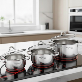 Тенджери от неръждаема стомана Cheffinger с индукционно дъно и стъклен капак 3,9L., 6,5L. и 10L.