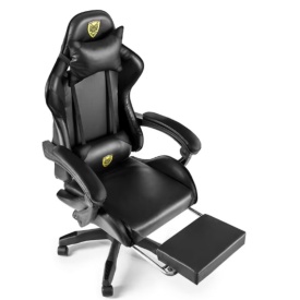 Черен геймърски стол с прибираща се поставка за крака 