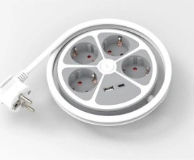 Кръгъл разклонител с ключ Muhler 4 гнезда, 2 USB по-рта тип A+C - Img 2
