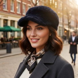 Топла дамска шапка с козирка – зимен пухкав модел