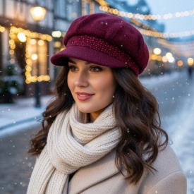 Дамска зимна плетена шапка с козирка и декоративни камъчета