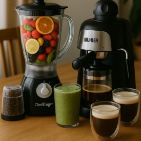 Комплект MUHLER MCM-33 Еспресо машина + 2 стъклени чаши и блендер с мелничка Cheffinger Home CF-PB1.5