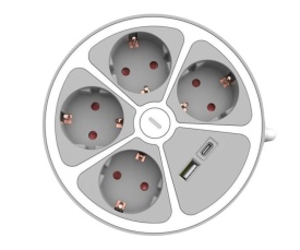 Кръгъл разклонител с ключ Muhler 4 гнезда, 2 USB по-рта тип A+C - Img 3