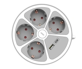 Кръгъл разклонител с ключ Muhler 4 гнезда, 2 USB по-рта тип A+C - Img 3