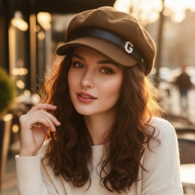 Елегантна дамска шапка тип фуражка с декоративна лента и метално лого