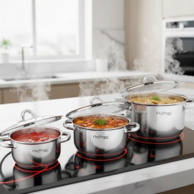 Тенджери от неръждаема стомана Cheffinger с индукционно дъно и стъклен капак 3,9L., 6,5L. и 10L. - Img 2