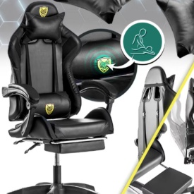 Черен геймърски стол с прибираща се поставка за крака 