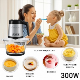 Електрически чопър Lexical LCH‑1956 – 300W, 2 л, 6 титаниеви ножа и стъклена купа