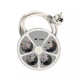 Кръгъл разклонител с ключ Muhler 4 гнезда, 2 USB по-рта тип A+C - Img 1