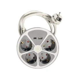 Кръгъл разклонител с ключ Muhler 4 гнезда, 2 USB по-рта тип A+C