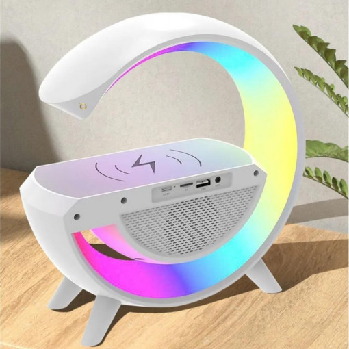 Lampa LED de interior cu Lumini colorate, Radio, Ceas si Alarma, Boxa cu Bluetooth cu Incarcator wireless