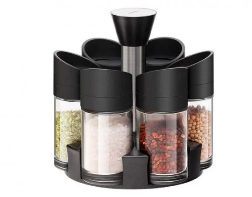 Set recipiente pentru condimente, suport rotativ, 6 recipiente, design elegant, suport si recipiente din plastic, 18x16x12cm, negru