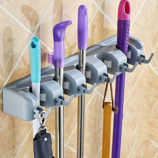 Organizator universal, suport de perete multifunctional pentru mop si matura, cu 5 locuri, teleMAG