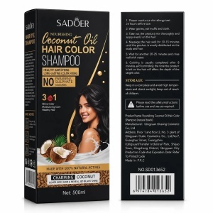 SADOER Coconut Oil Hair Color Shampoo 3 în 1 – Șampon Colorant Negru cu Ulei de Cocos, 500 ml