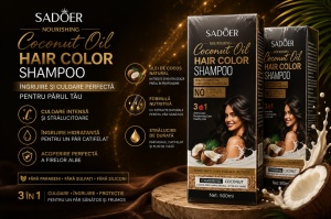 SADOER Coconut Oil Hair Color Shampoo 3 în 1 – Șampon Colorant Negru cu Ulei de Cocos, 500 ml
