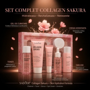 Set Complet De Călătorie Îngrijire Facială SADOER Collagen Sakura – 6 Produse pentru Hidratare, Fermitate și Luminozitate