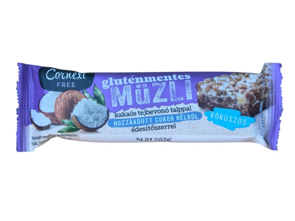 Baton de Muesli Fără Gluten cu Cocos și Înveliș de Cacao – Fără Zahăr Adăugat 25g Cornexi