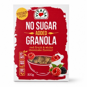 Granola cu fructe rosii si ciocolata alba – fara zahar adaugat, vegana, 300 g