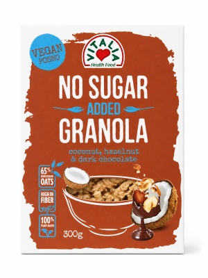 Granola fără zahăr adăugat cu cocos, alune de pădure și ciocolată neagră – 300g