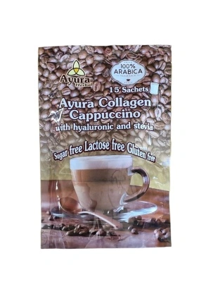 Cappuccino instant cu Collagen si Hyaluron- fara zahar, fara gluten, fara lactoza -100%arabica/ 15 pliculete-15g Ayura