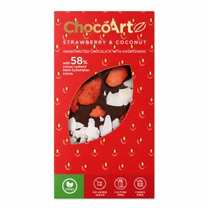 ChocoArt Strawberry & Coconut – Ciocolata artizanala cu capșuni si cocos, Vegan, fara zahar 80g
