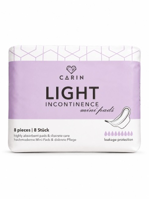 Carin Light Incontinence Mini Pads – Absorbante pentru incontinență urinară ușoară, cu aripioare, 8 bucăți