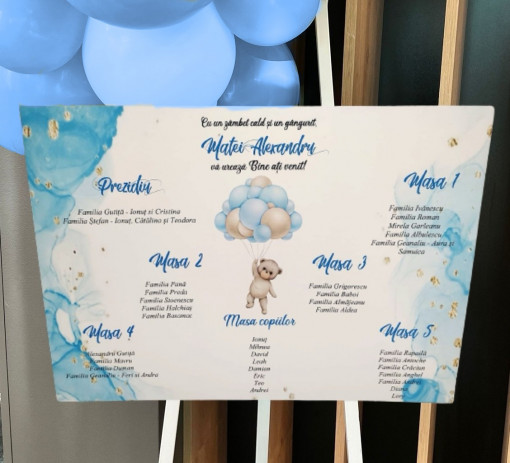 Opis - așezare invitați la mese ursuletul cu baloane bleu