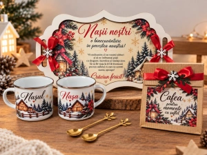 Set cadou de Crăciun pentru nași – Tavă personalizată, căni emailate și cafea