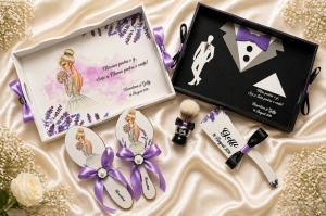 Set pentru gătitul mirilor pentru nuntă design floral lavanda