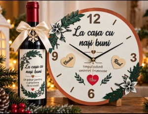 Set ceas si vin personalizat- Cadou pentru nasi