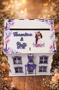 Căsuță de dar nuntă mov– cutie pentru plicuri bani în formă de casă