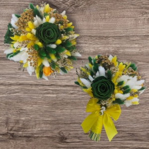 Buchet mireasă din flori uscate și criogenate – buchet nuntă verde alb galben