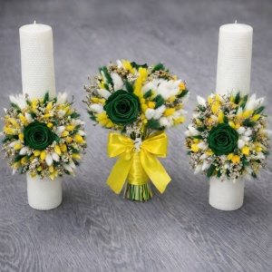 Set lumanari si buchet nunta flori criogenate și uscate
