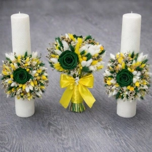 Set lumanari si buchet nunta flori criogenate și uscate