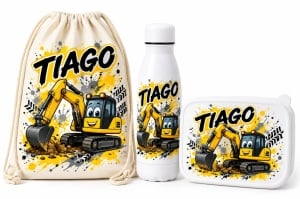 Set personalizat pentru grădiniță – Excavator | Ghiozdan, Sticlă și Caserolă