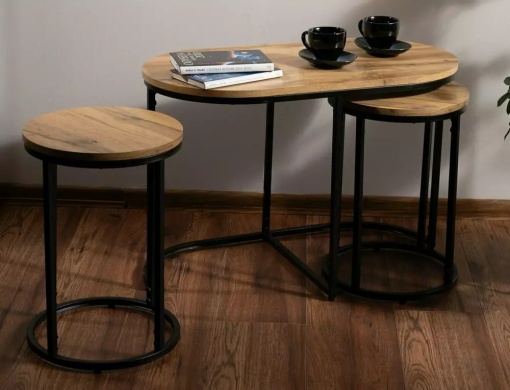 SET MASUTE DE CAFEA TWIX, STEJAR ARTISAN/NEGRU, BLAT DIN MDF, FURNIR NATURAL SI CADRU DIN METAL, STIL MODERN