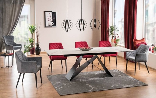 MASA EXTENSIBILA WESTIN III, EFECT DE MARMURA ALBA/NEGRU, 180/260 CM, STICLA, CERAMICA ITALIANA SI METAL, STIL MODERN