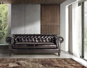 CANAPEA 1193, NEGRU, DIN PIELE NATURALA, STIL CHESTERFIELD G&C