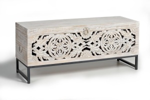 LADA PENTRU DEPOZITARE/CUFAR DORA 116CM, ALB ANTICHIZAT/NEGRU, LEMN DE MANGO SCULPTAT SI METAL, GINER Y COLOMER - Img 5