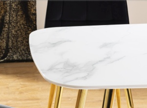 MASA DINING CERES, 140 CM, EFECT DE MARMURA ALBA/AURIU, BLAT DIN MDF, STICLA SECURIZATA SI PICIOARE DIN METAL, STIL MODERN - Img 6
