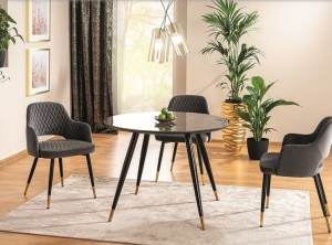 MASA DINING CYRYL II, 100 CM, EFECT DE MARMURA NEAGRA/NEGRU/AURIU, DIN MDF, STICLA SECURIZATA SI METAL, STIL MODERN - Img 1