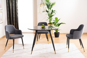 MASA DINING CYRYL II, 100 CM, EFECT DE MARMURA NEAGRA/NEGRU/AURIU, DIN MDF, STICLA SECURIZATA SI METAL, STIL MODERN - Img 2