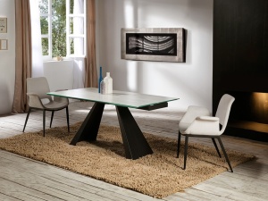 MASA DINING EXTENSIBILA ALAI, 160/240 CM, ALB CU NERVURI/NEGRU NISIPIU, BLAT DIN STICLA SECURIZATA SI PICIOARE DIN METAL, STIL MODERN - Img 6