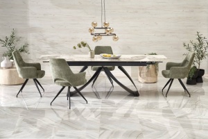 MASA DINING EXTENSIBILA HILARIO, 180 CM, EFECT DE MARMURA ALBA/NEGRU, DIN MARMURA SI METAL, STIL MODERN - Img 2