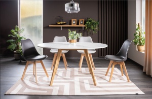 MASA DINING EXTENSIBILA OPERA, 102/144 CM, ALB/STEJAR, BLAT DIN PAL LAMINAT SI PICIOARE DIN LEMN, STIL MODERN - Img 1