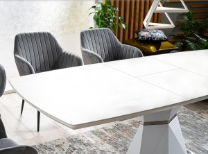 MASA EXTENSIBILA CORTEZ, 160/210 CM, ALB/CROM, DIN STICLA SECURIZATA, MDF SI METAL, STIL MODERN - Img 4