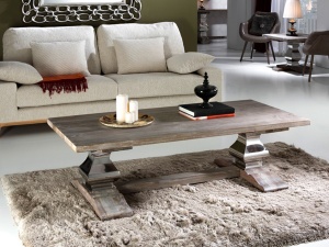 MASUTA DE CAFEA ANTICA, 160 CM, PATINA ALBA/CROM, BLAT DIN LEMN MASIV SI PICIOARE DIN OTEL, STIL MODERN